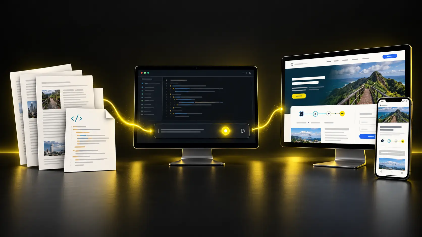 Source material being transformed through an AI-assisted process into a finished responsive interactive page