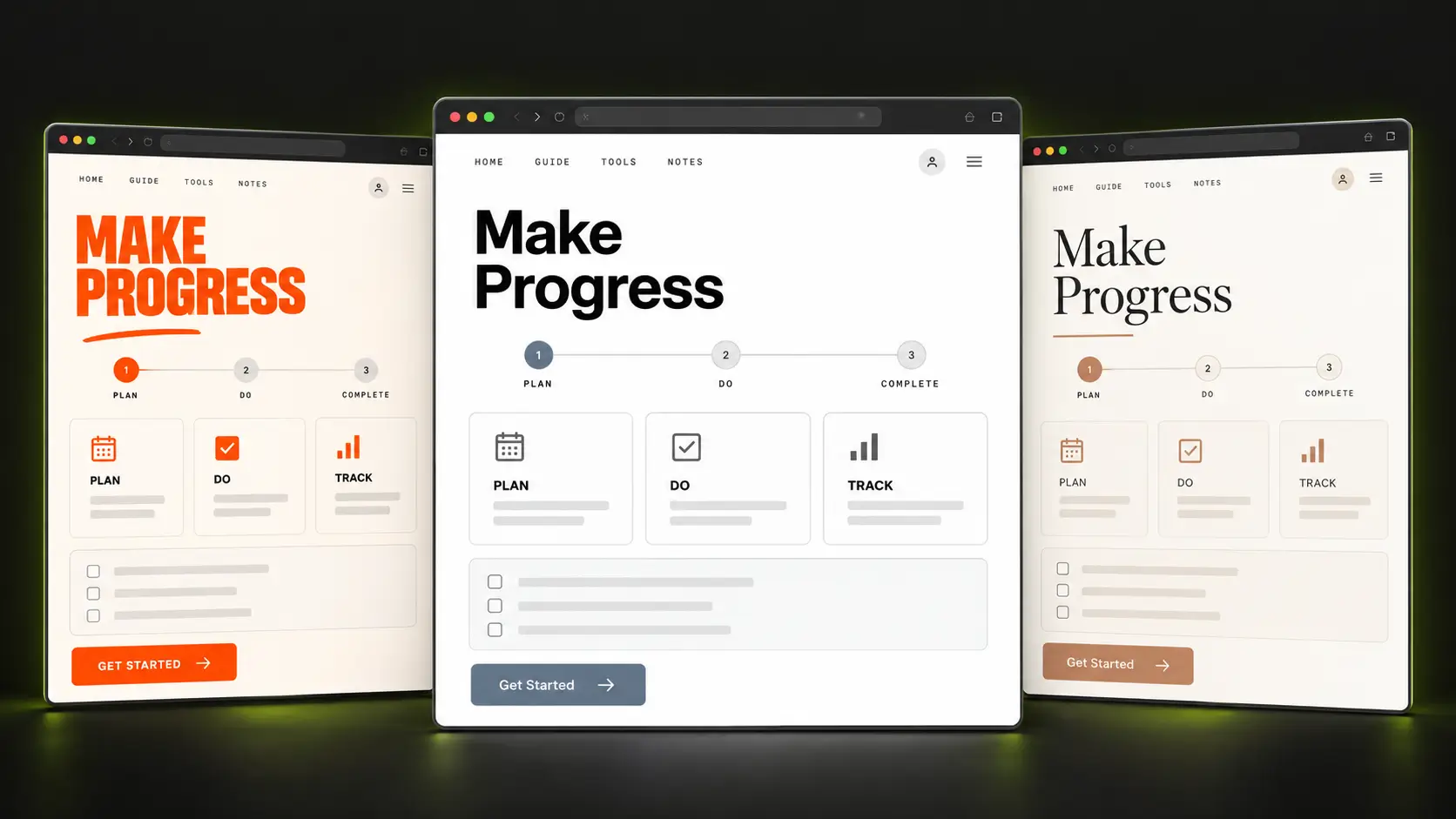 The same interactive template shown with a plain base design and two different Brand Skins applied